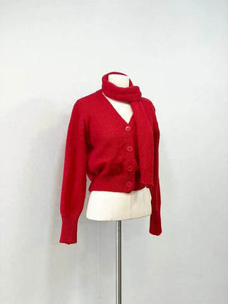 Vien warm soft thick V-neck loose-fit knit cardigan knit muffler set