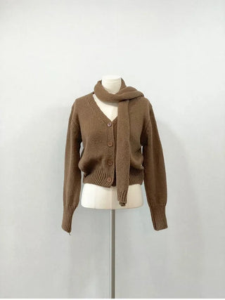 Vien warm soft thick V-neck loose-fit knit cardigan knit muffler set