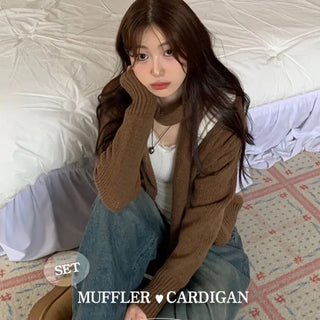 Vien warm soft thick V-neck loose-fit knit cardigan knit muffler set