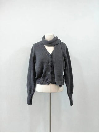 Vien warm soft thick V-neck loose-fit knit cardigan knit muffler set