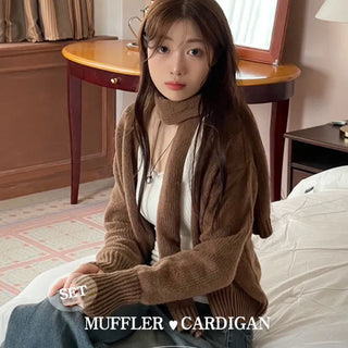 Vien warm soft thick V-neck loose-fit knit cardigan knit muffler set
