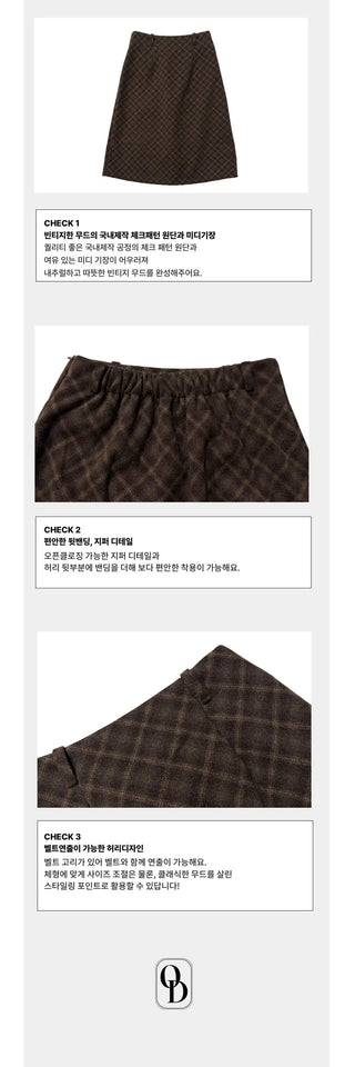 Miroa Vintage Check Banding Midi Skirt