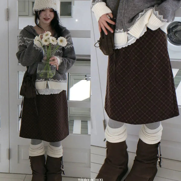 Miroa Vintage Check Banding Midi Skirt