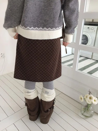 Miroa Vintage Check Banding Midi Skirt