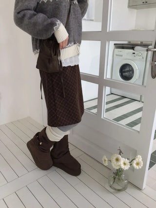 Miroa Vintage Check Banding Midi Skirt