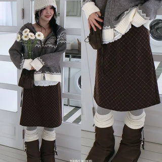 Miroa Vintage Check Banding Midi Skirt