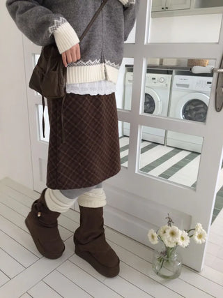 Miroa Vintage Check Banding Midi Skirt