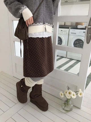 Miroa Vintage Check Banding Midi Skirt