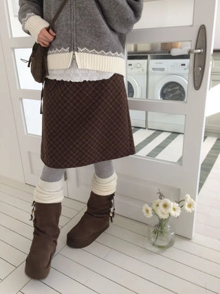 Miroa Vintage Check Banding Midi Skirt