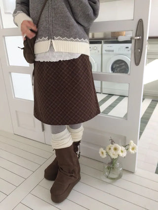 Miroa Vintage Check Banding Midi Skirt