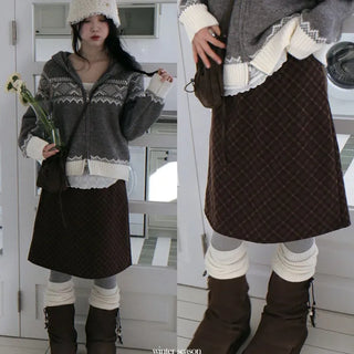 Miroa Vintage Check Banding Midi Skirt