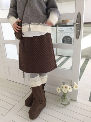 Miroa Vintage Check Banding Midi Skirt