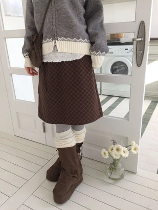 Miroa Vintage Check Banding Midi Skirt