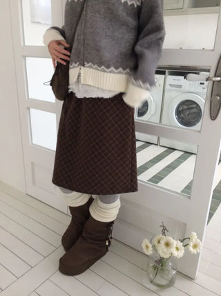 Miroa Vintage Check Banding Midi Skirt