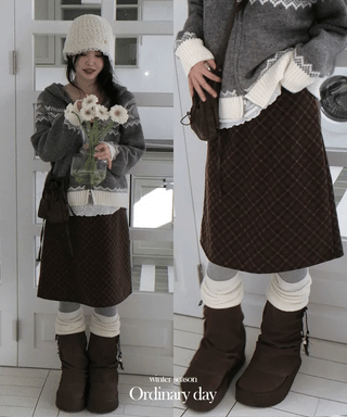 Miroa Vintage Check Banding Midi Skirt