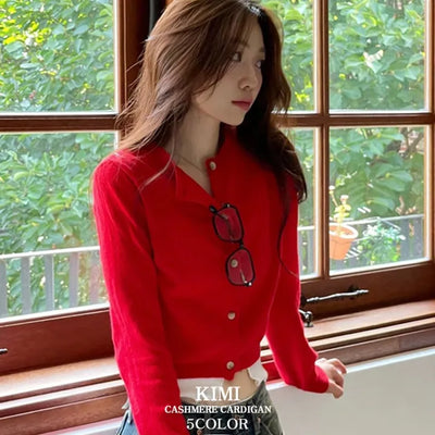 Kimi Cashmere Basic Round Neck Long Sleeve Button Cardigan