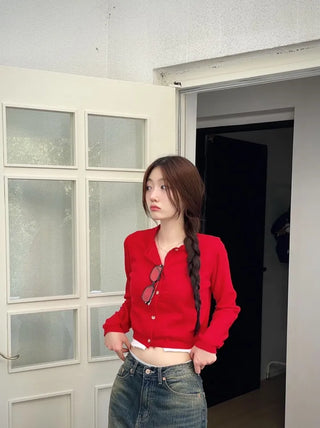 Kimi Cashmere Basic Round Neck Long Sleeve Button Cardigan
