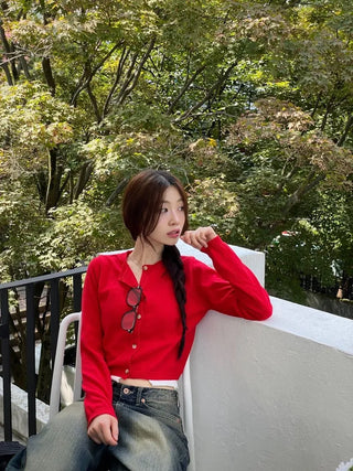 Kimi Cashmere Basic Round Neck Long Sleeve Button Cardigan