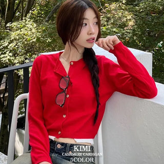 Kimi Cashmere Basic Round Neck Long Sleeve Button Cardigan
