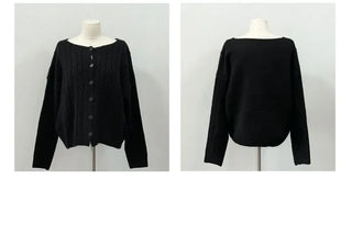 Wish Cozy Thick Twisted Loose Fit Button Boat Neck Knit Cardigan