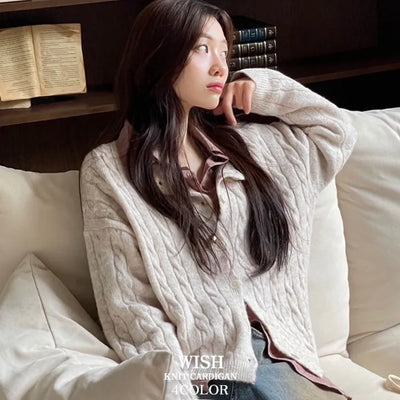 Wish Cozy Thick Twisted Loose Fit Button Boat Neck Knit Cardigan