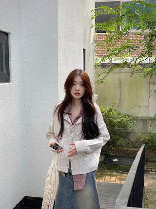Wish Cozy Thick Twisted Loose Fit Button Boat Neck Knit Cardigan