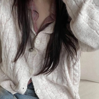 Wish Cozy Thick Twisted Loose Fit Button Boat Neck Knit Cardigan