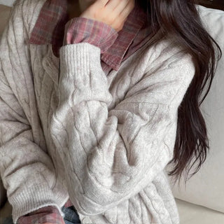 Wish Cozy Thick Twisted Loose Fit Button Boat Neck Knit Cardigan