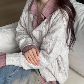 Wish Cozy Thick Twisted Loose Fit Button Boat Neck Knit Cardigan