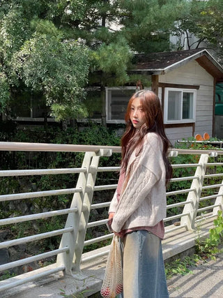 Wish Cozy Thick Twisted Loose Fit Button Boat Neck Knit Cardigan