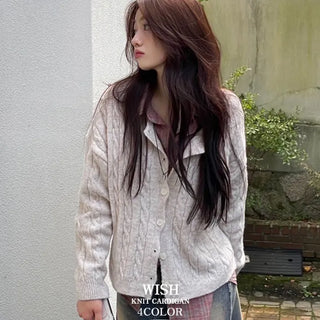 Wish Cozy Thick Twisted Loose Fit Button Boat Neck Knit Cardigan
