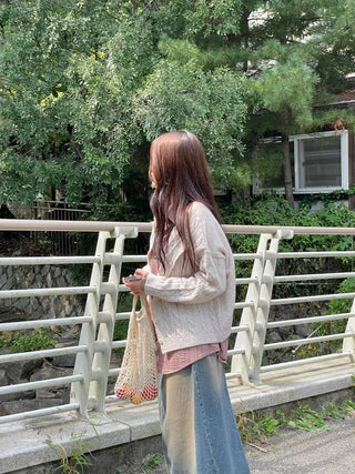 Wish Cozy Thick Twisted Loose Fit Button Boat Neck Knit Cardigan