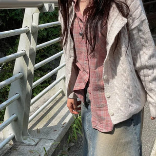 Wish Cozy Thick Twisted Loose Fit Button Boat Neck Knit Cardigan