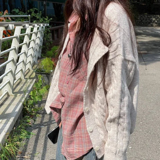 Wish Cozy Thick Twisted Loose Fit Button Boat Neck Knit Cardigan