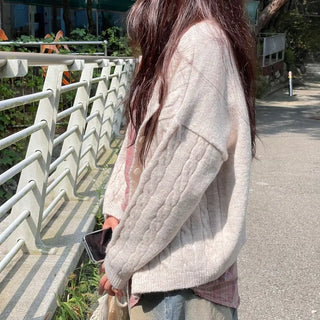 Wish Cozy Thick Twisted Loose Fit Button Boat Neck Knit Cardigan
