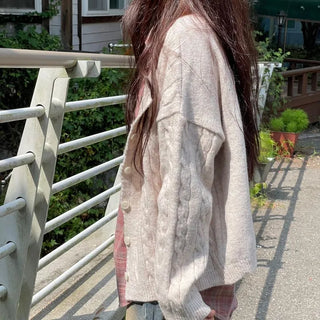 Wish Cozy Thick Twisted Loose Fit Button Boat Neck Knit Cardigan