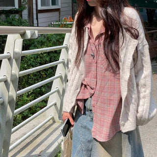 Wish Cozy Thick Twisted Loose Fit Button Boat Neck Knit Cardigan
