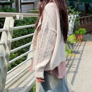 Wish Cozy Thick Twisted Loose Fit Button Boat Neck Knit Cardigan