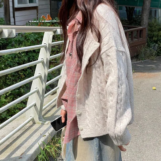 Wish Cozy Thick Twisted Loose Fit Button Boat Neck Knit Cardigan