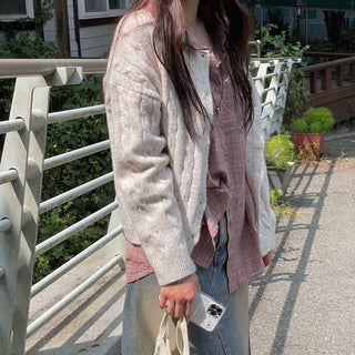 Wish Cozy Thick Twisted Loose Fit Button Boat Neck Knit Cardigan