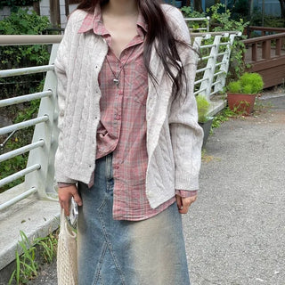 Wish Cozy Thick Twisted Loose Fit Button Boat Neck Knit Cardigan