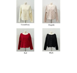 Wish Cozy Thick Twisted Loose Fit Button Boat Neck Knit Cardigan
