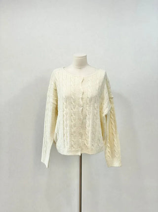 Wish Cozy Thick Twisted Loose Fit Button Boat Neck Knit Cardigan