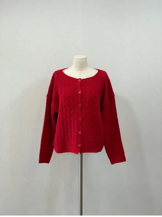 Wish Cozy Thick Twisted Loose Fit Button Boat Neck Knit Cardigan