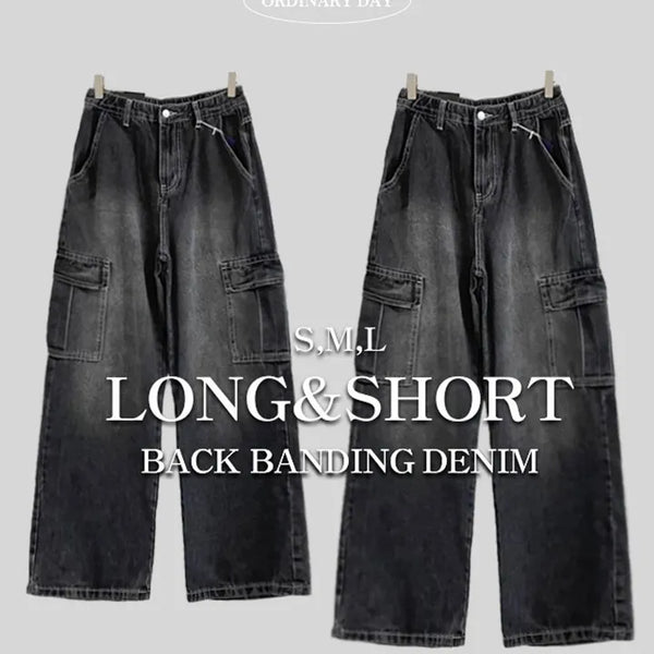 dial banding cargo pocket vintage washing wide denim long pants