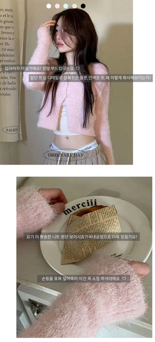 Anne Fluffy Team Pine Needle Fur Button V-Neck Knit Crop Cardigan