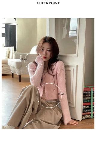 Anne Fluffy Team Pine Needle Fur Button V-Neck Knit Crop Cardigan
