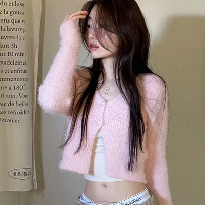 Anne Fluffy Team Pine Needle Fur Button V-Neck Knit Crop Cardigan
