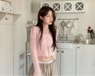 Anne Fluffy Team Pine Needle Fur Button V-Neck Knit Crop Cardigan