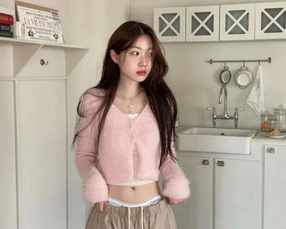Anne Fluffy Team Pine Needle Fur Button V-Neck Knit Crop Cardigan